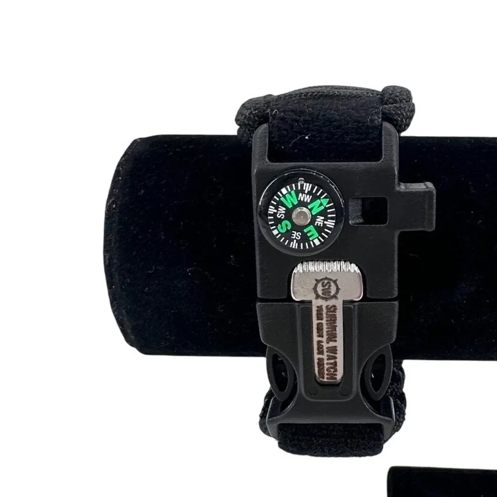 Survival Tactical Watch Mens Paracord Compass Whistle Serrated Tool Black